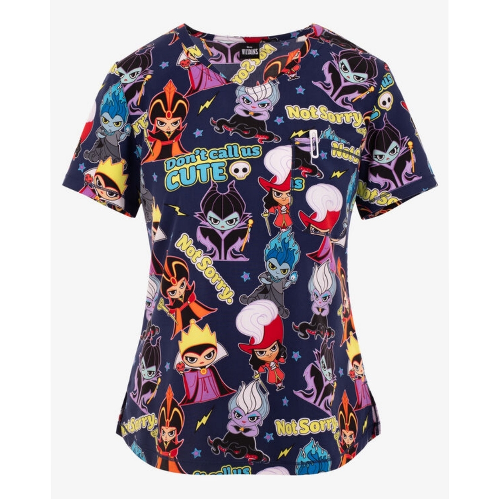 New Tooniforms Disney's Villians Not Sorry Women's 2-Pocket V-Neck Print, Small